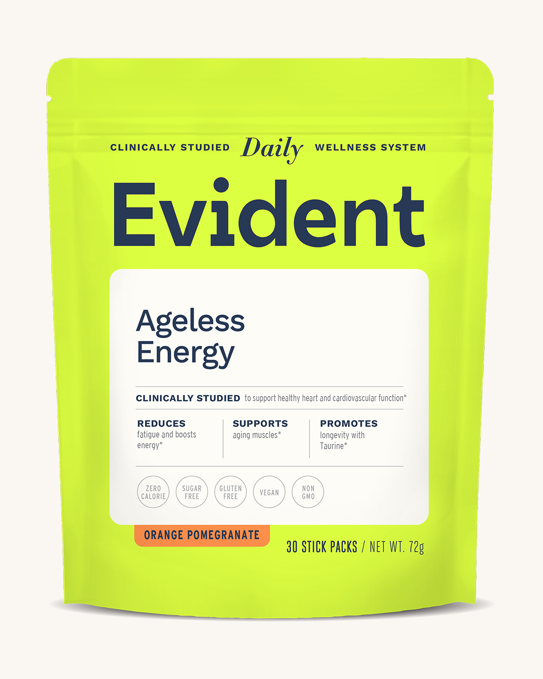 Evident front view of packaging ageless energy