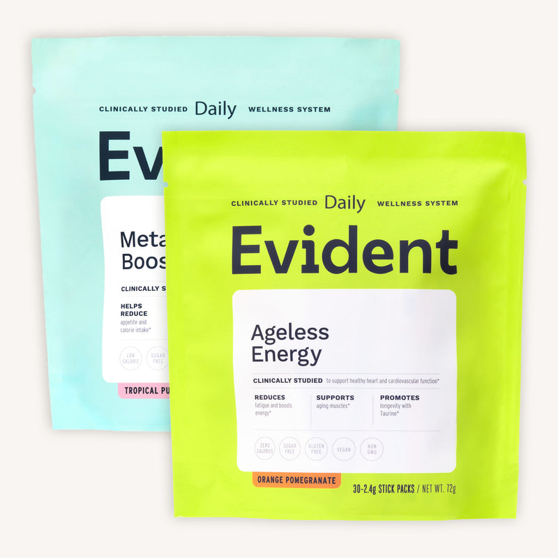 Two 'Evident' supplement packages, one green and one blue, on a white background.