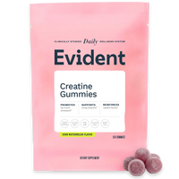 Pink package of Evident Creatine Gummies with gummies on a white background
