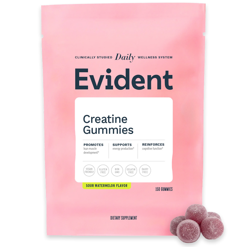 Pink package of Evident Creatine Gummies with gummies on a white background